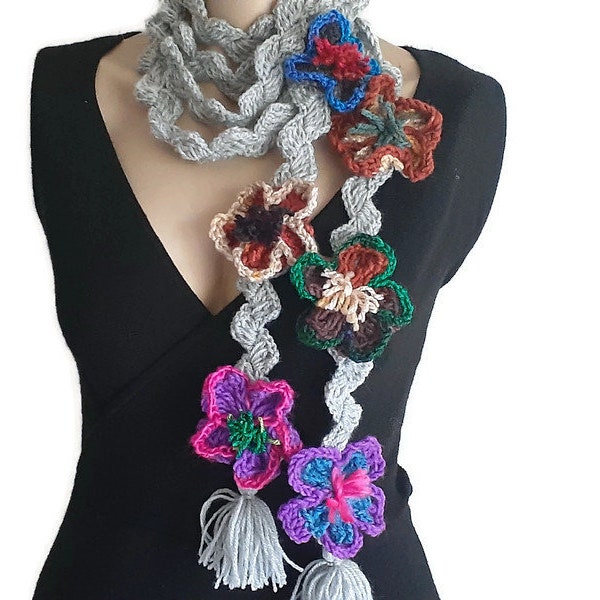 Chunky Long Crochet Scarf, Boho Hippie Scarf, Crochet Skinny Scarf, Colorful Flower, Unique Handmade Scarves, Crochet Necklace, Lariat Scarf
