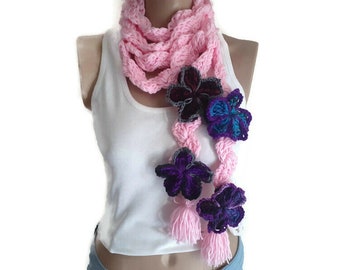 Pink Floral Crochet scarf, Long Narrow Scarf, Crochet Lariat Necklace, Crochet Skinny Scarf, Bohemian Design, gift for her, Hand Knit Scarf