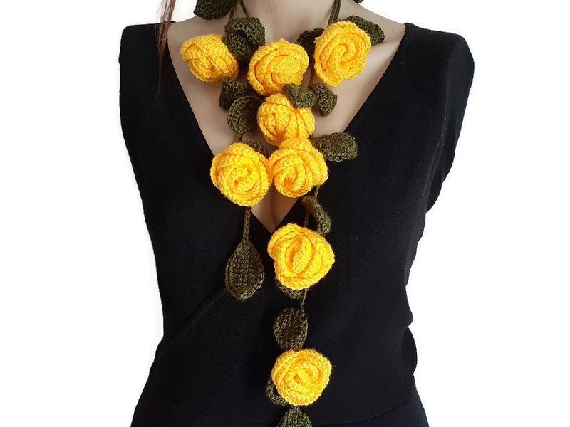 Yellow Rose Scarf Crochet Lariat Jewelry Scarves Christmas - Etsy