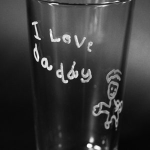 Pint Glass with your Child&#39;s Drawing Personalised Engraved with Kids Artwork, Dad, Granddad, Uncle gift. Parent present.