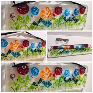 Fused Glass Wild Flower Suncatcher, Handmade Gift, Colourful Gift, Folk Art inspired Flowers wall hanger.