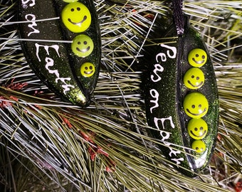 Fused Glass Peas on Earth Pea Pod Christmas tree ornaments, quirky fun. Peace on Earth