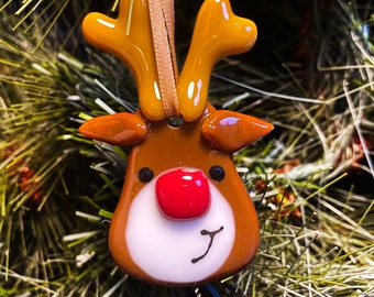 Fused Glass Christmas Rudolph Reindeer Decorations, Send a Red Nose Christmas tree ornaments, quirky fun