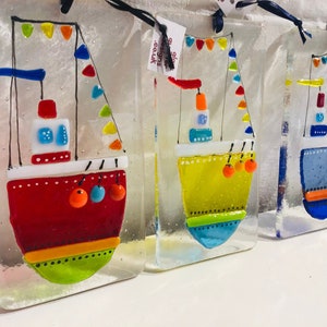Fused Glass Ship, Wall hanger, Suncatcher. In 3 bright colour variations. Colourful, gift, boat hanger, unique handmade gift.