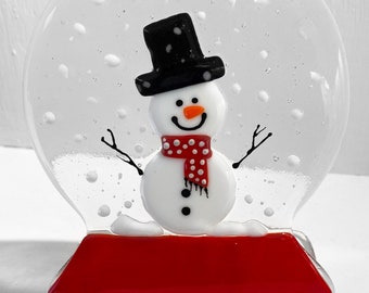 Snowman Fused Glass Snow Globe Style Candle Screen, Handmade Suncatcher /Unique Gift, In Three Different Colours