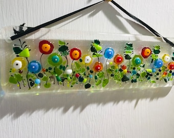 Fused Glass Wildflower Suncatcher: Colorful Retro Wall Hanging