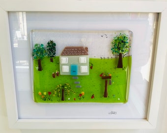 Handmade Fused Glass House and Bird Table Picture, framed unique fused glass gift, new house gift