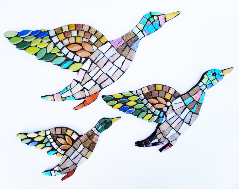 3 flying ducks mosaic KIT. Beginners. Experienced. No cutting. Home made. Wall art. Craft kit. Mosaic kit. Bird lover. Retro decor. image 1