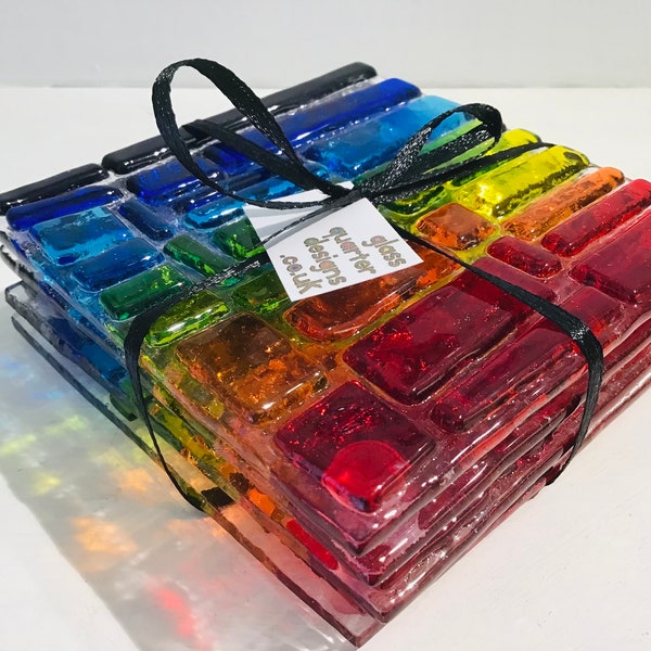 Fused Glass Chakra Rainbow Glass Coasters, Colourful Glass, Quirky Gift.