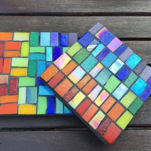 Rainbow garden coasters mosaic kit. Workshop in a box. 2 or 4. Homemade. Garden decor. Lockdown, pride, chakra. Colourful gift. image 1