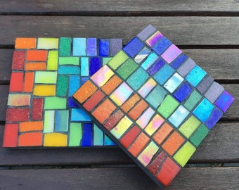 Rainbow garden coasters mosaic kit. Workshop in a box. 2 or 4. Homemade. Garden decor. Lockdown, pride, chakra. Colourful gift.