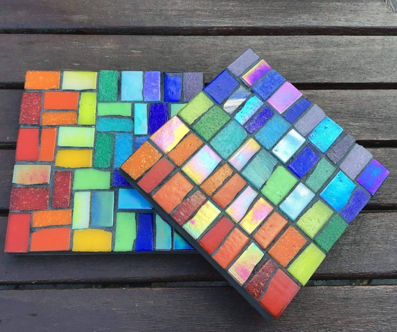 Rainbow garden coasters mosaic kit. Workshop in a box. 2 or 4. Homemade. Garden decor. Lockdown, pride, chakra. Colourful gift. image 1