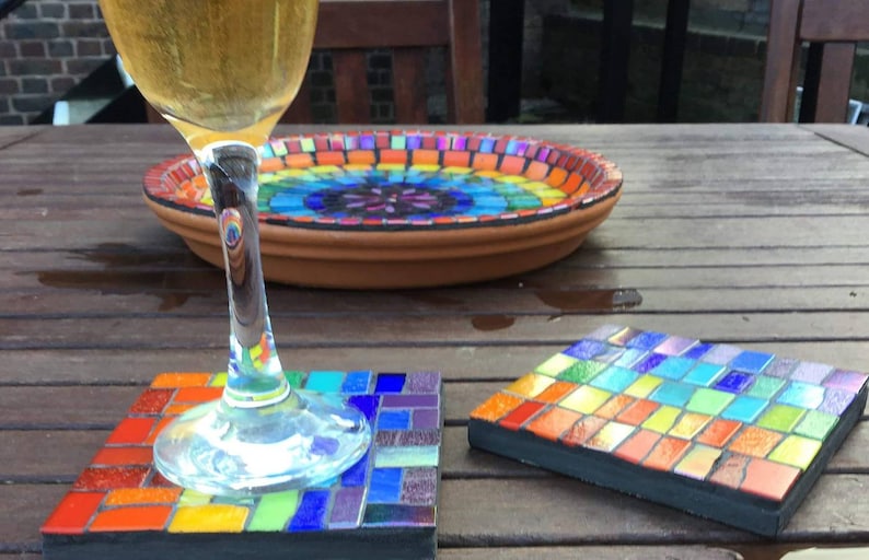 Rainbow garden coasters mosaic kit. Workshop in a box. 2 or 4. Homemade. Garden decor. Lockdown, pride, chakra. Colourful gift. image 3