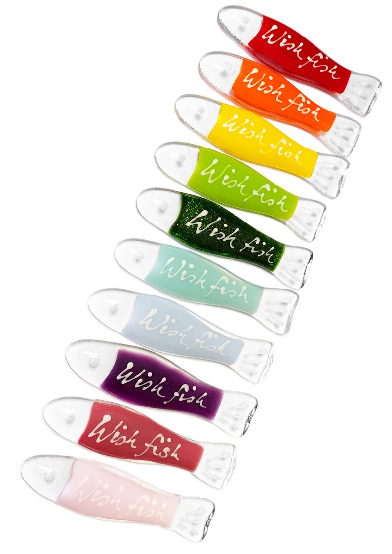 May include: A set of ten glass fish ornaments in various colors, each with the words "Wish Fish" written on them in white. The fish are arranged in a rainbow pattern, starting with red and ending with pink.