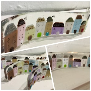 Fused Glass Houses Suncatcher or Candle Screen, Handmade using pastel colours, unique handmade gift
