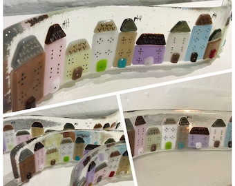 Fused Glass Houses Suncatcher or Candle Screen, Handmade using pastel colours, unique handmade gift