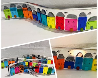 Fused Glass Suncatcher: Colourful Street Scene Candle Screen