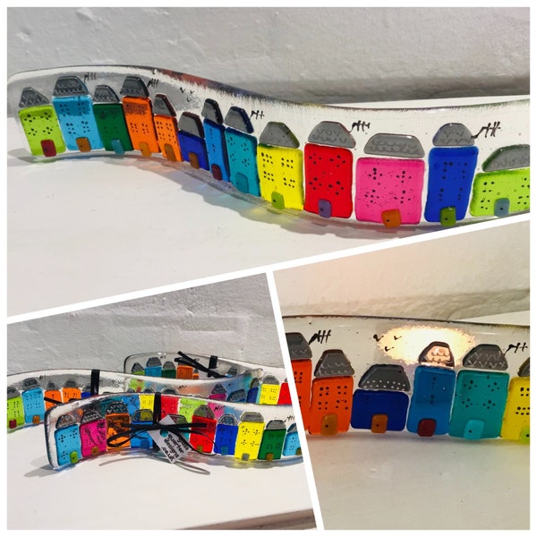 Fused Glass Colourful Street Curve Suncatcher or Candle Screen, bright colourful handmade gift.