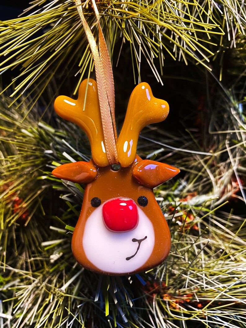 Fused Glass Christmas Rudolph Reindeer Decorations Send a Red | Etsy