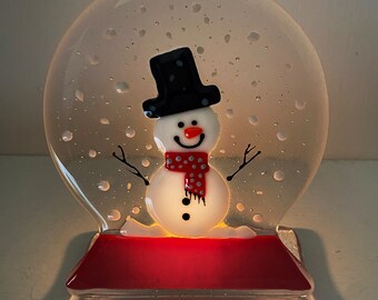 Snowman Fused Glass Snow Globe Style Candle Screen, Handmade