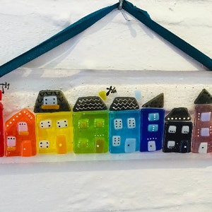 Fused Glass Rainbow Street Sun Cathcher, bright colourful glass wall hanger. Unique handmade gift