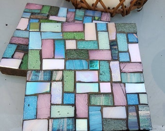 Shades of pink, blue and green garden coasters mosaic kit. (INDIAN TREE). 2 or 4. Homemade. Garden decor. Craft kit gift.