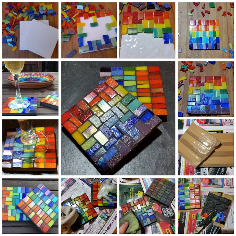 Rainbow garden coasters mosaic kit. Workshop in a box. 2 or 4. Homemade. Garden decor. Lockdown, pride, chakra. Colourful gift. image 4