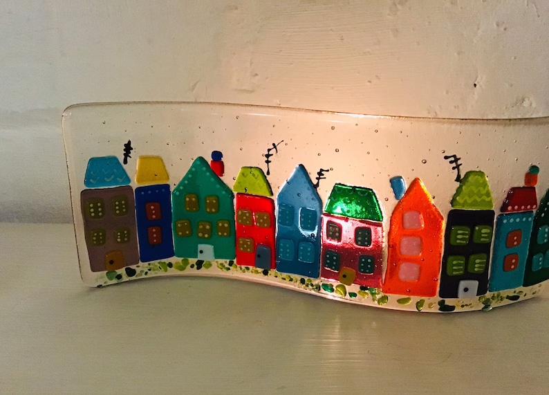 Fused Glass Quirky Houses Curve colourful suncatcher or Etsy