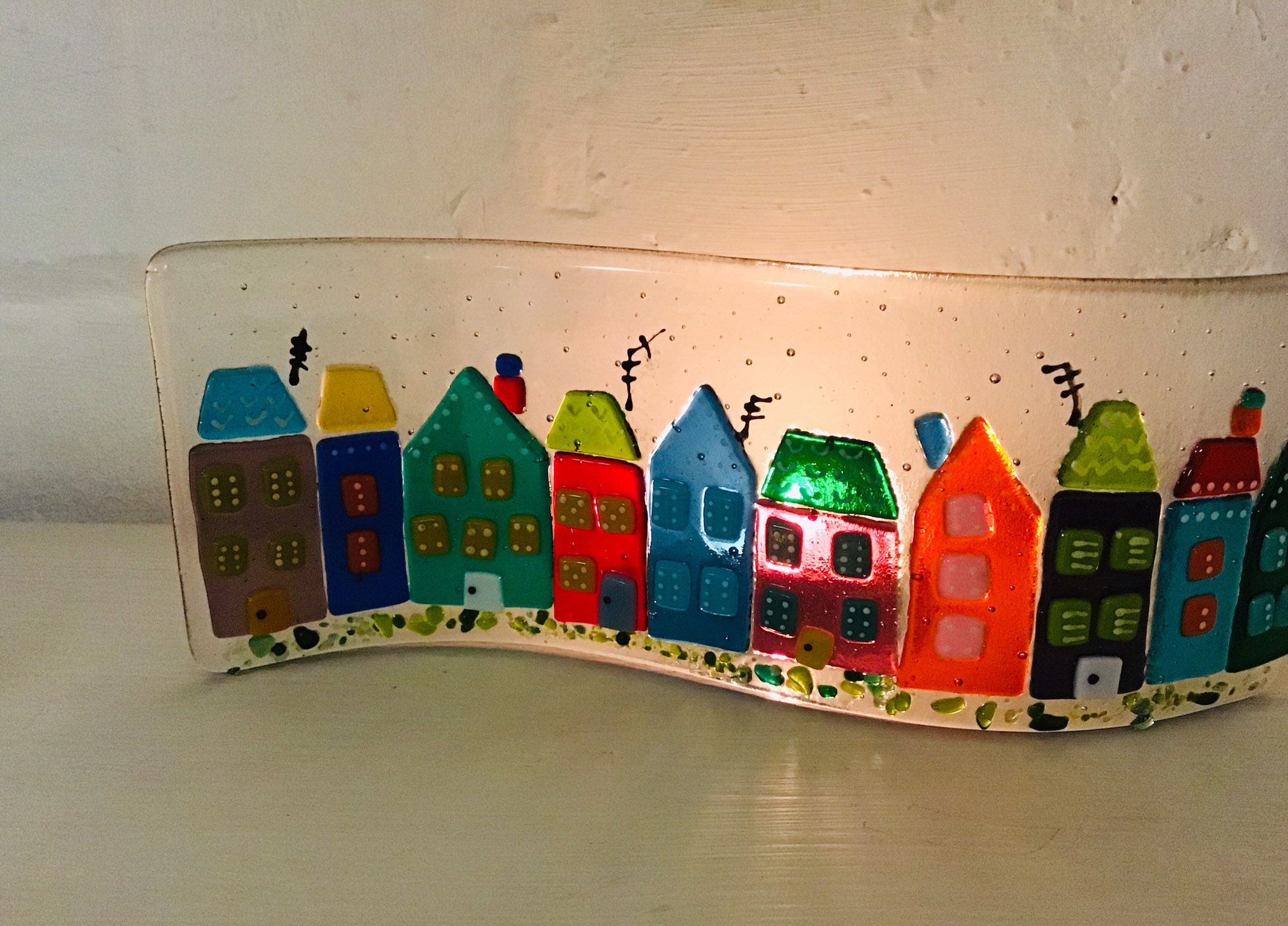 Fused Glass Quirky Houses Curve colourful suncatcher or Etsy