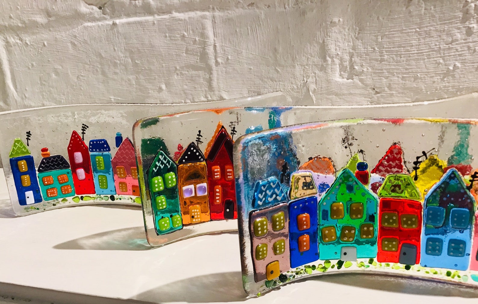 Fused Glass Quirky Houses Curve colourful suncatcher or Etsy
