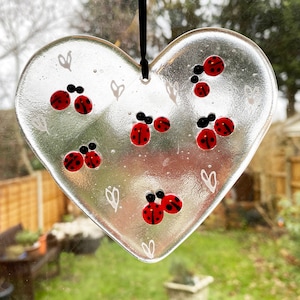 Love Bug Fused Glass Heart, Wall hanger, Suncatcher. Colourful, gift, lady bird hanger, unique handmade Valentines gift