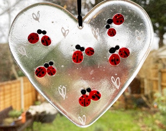 Fused Glass Love Bug Heart Suncatcher: Handmade Ladybird Hanger