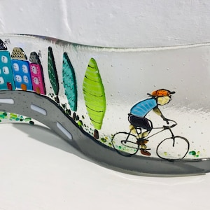 Fused Glass Cyclist, Handmade Suncatcher /  Candle Screen. Unique Cycling Gift, In Three Different Colours, Fathers Day Gift,