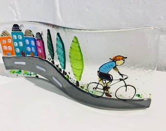 Fused Glass Cyclist, Handmade Suncatcher /  Candle Screen. Unique Cycling Gift, In Three Different Colours, Fathers Day Gift,