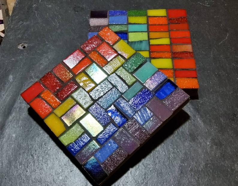 Rainbow garden coasters mosaic kit. Workshop in a box. 2 or 4. Homemade. Garden decor. Lockdown, pride, chakra. Colourful gift. image 6