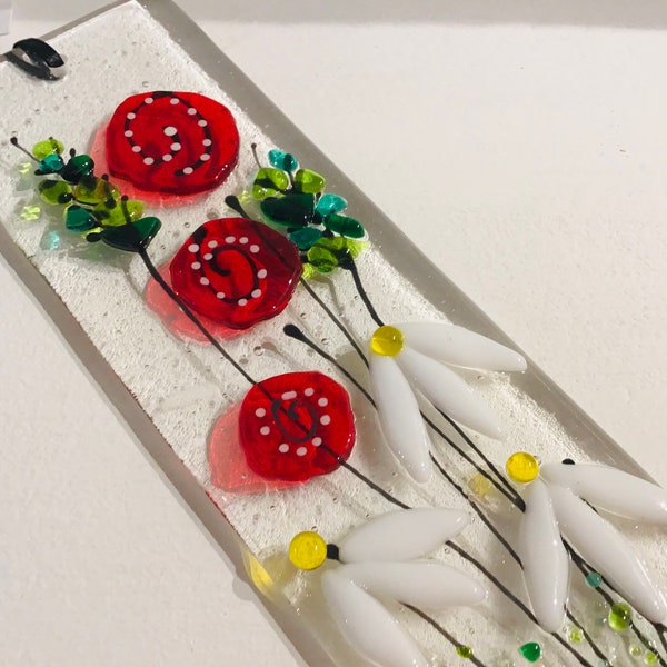 Fused Glass Flower Suncatcher, Poppy and Daisy Flowers in red and yellow. Handmade gift