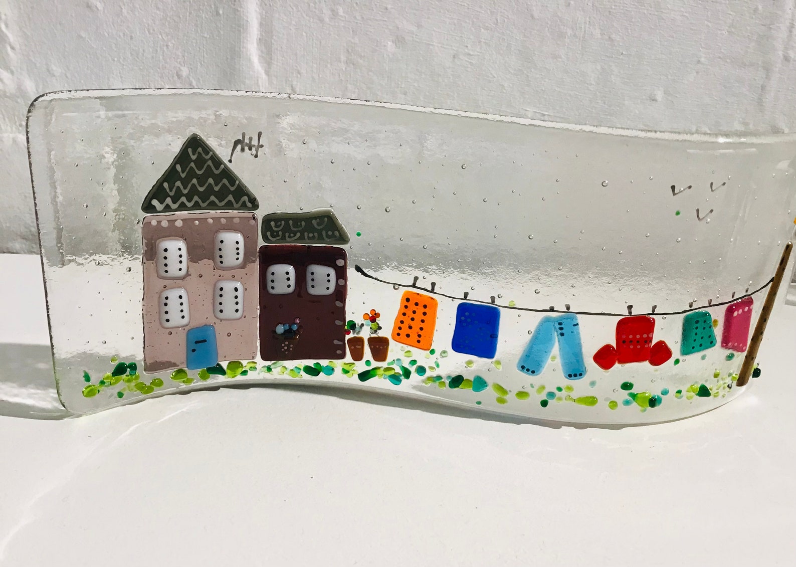 Fused Glass Handmade House and Washing Line Suncatcher or Etsy