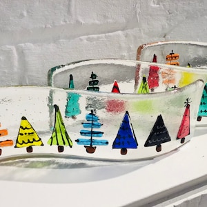 Fused Glass Christmas Tree Curve, Suncatcher, Candle light curve, bright colourful Christmas decoration, Christmas present. Rainbow Xmas