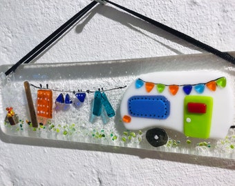 Fused Glass Caravan and Fire Suncatcher Wallhanger or candle curve, caravan with Bunting and Washing Line, Handmade Colourful Gift