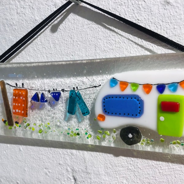 Fused Glass Caravan and Fire Suncatcher Wallhanger or candle curve, caravan with Bunting and Washing Line, Handmade Colourful Gift