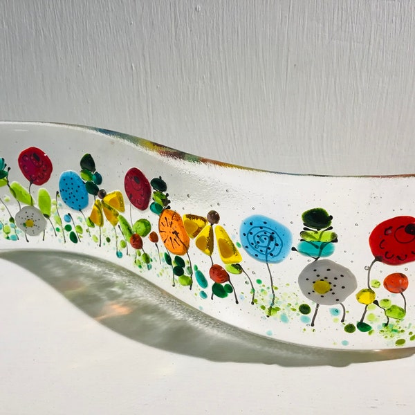 Fused Glass Curved Suncatcher or Candle  Screen with Wild Flower Design, free standing, Handmade Bright Colourful Gift, Mothers Day Gift