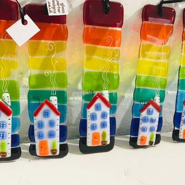 Fused Glass Rainbow or Sunset House Suncatcher. Handmade Quirky Glass Wall Hanger