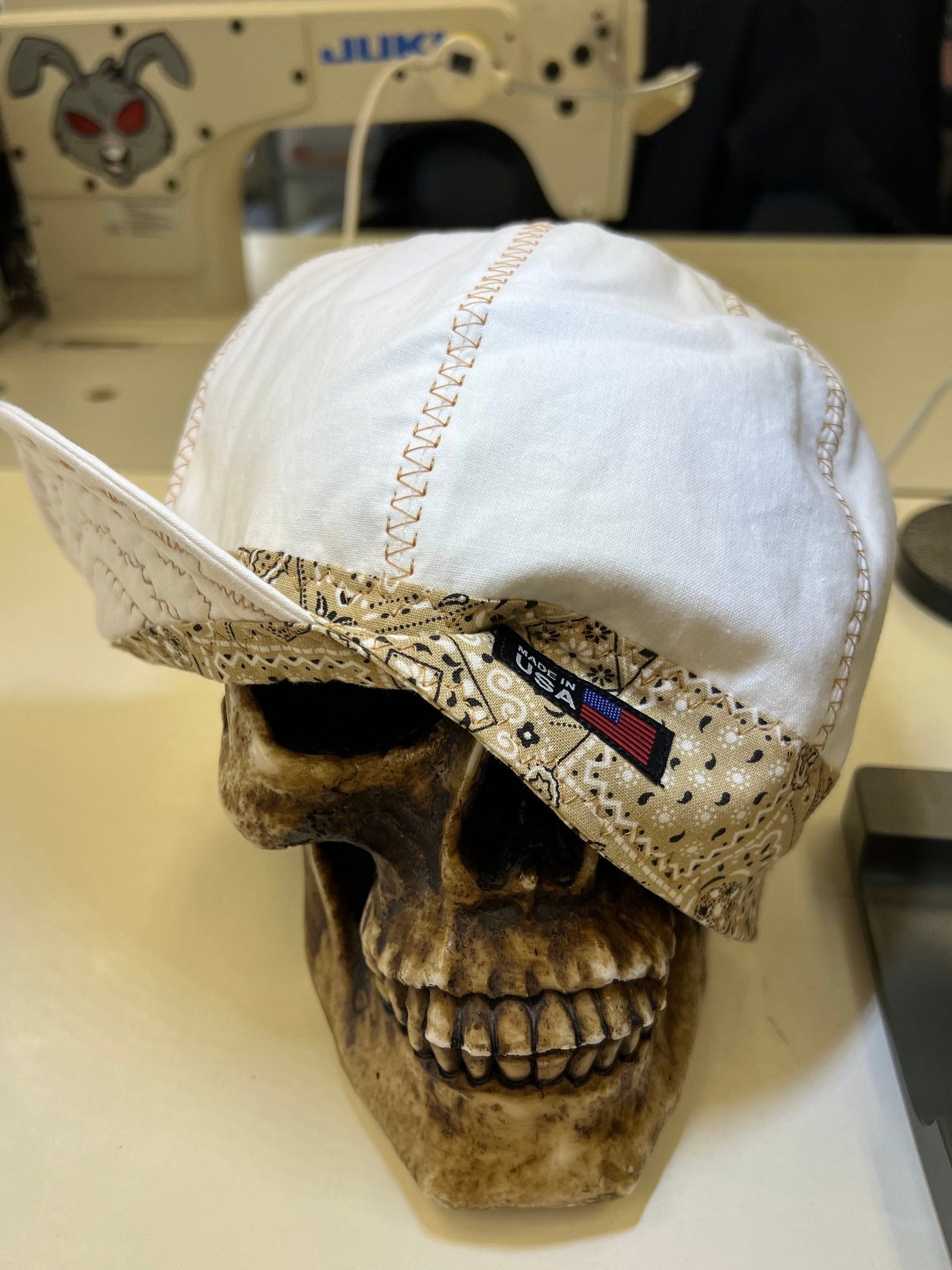 White Bandana Banders - TAN Bandana - Decorative Stitching