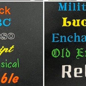 Op de afbeelding: Een zwarte achtergrond met twee kolommen tekst in verschillende kleuren en lettertypen. De linker kolom bevat de woorden "Block", "ABC", "Lasso", "Script", "Whimsical" en "Bubble". De rechter kolom bevat de woorden "Military", "Lucky", "Enchanted", "Old English" en "Retro".