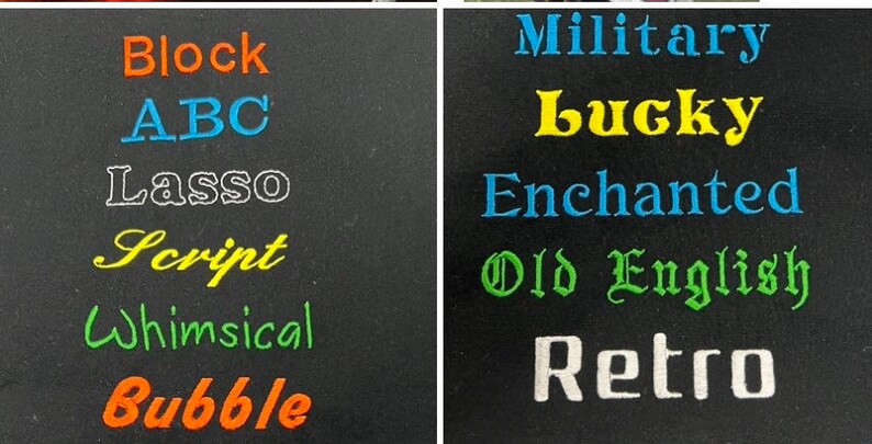 Op de afbeelding: Een zwarte achtergrond met twee kolommen tekst in verschillende kleuren en lettertypen. De linker kolom bevat de woorden "Block", "ABC", "Lasso", "Script", "Whimsical" en "Bubble". De rechter kolom bevat de woorden "Military", "Lucky", "Enchanted", "Old English" en "Retro".