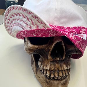 Pode incluir: Uma caveira decorativa usando um chapéu branco com uma aba rosa paisley. A aba do chapéu apresenta costuras rosas intrincadas. A caveira é marrom clara e tem uma aparência realista.