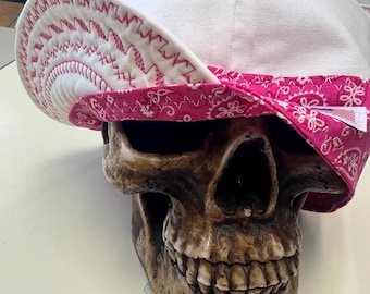 Hot Pink Mini Paisley Band with White - pink decorative stitching on the bill only -made to order - pre washed- soft and durable