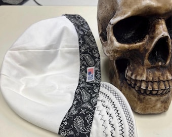 Black Mini Paisley Band with White - black decorative stitching on the bill only - made to order - reversible- pre washed- soft and durable