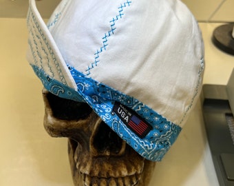 White Bandana Banders - Turquoise - decorative stitching will vary -  made to order - reversible- pre washed- soft and durable cotton fabric