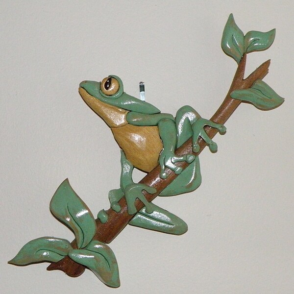 Intarsia Frog on Limb.  Handmade, One of a Kind